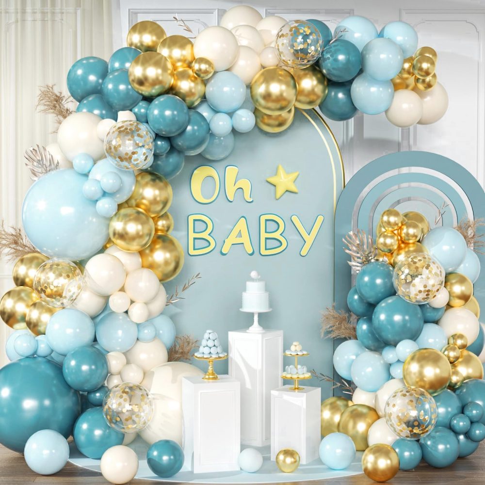 Dusty Blue Balloon Arch Kit, 138pcs Fog Blue Beige White Gold Balloons Garland, Baby Pastel Blue Sand White Latex Balloons for Baby Shower Birthday Wedding Graduation Party Decorations