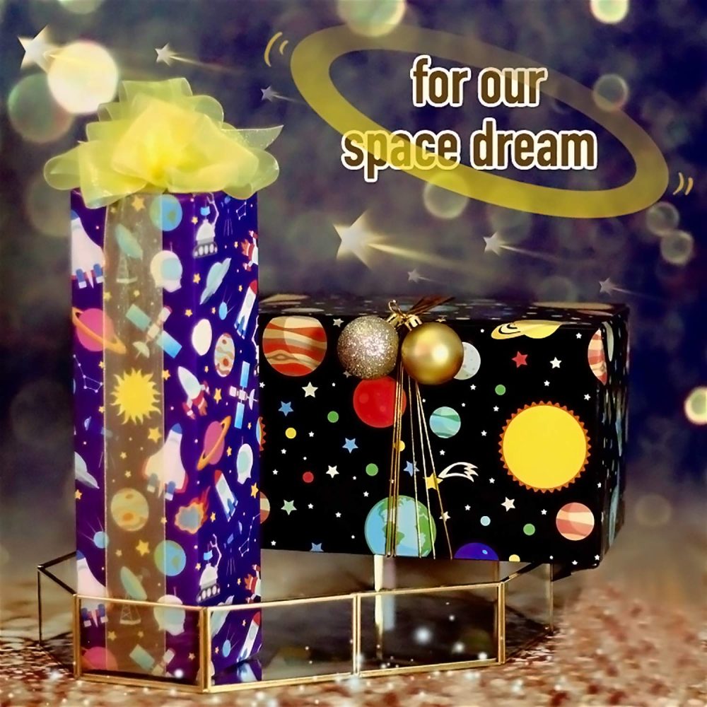 PLULON 6 Sheets Gift Wrapping Paper Birthday, Boys Outer Space Design Wrapping Paper for Kids Present Birthday Party and Baby Shower (Outer space/6 sheets) - Image 4