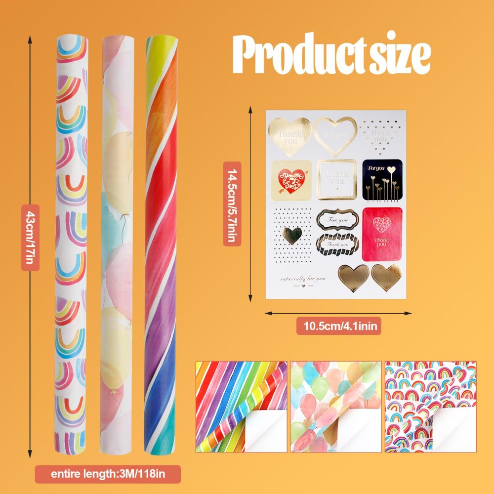 Wrapping Paper Rolls, 3 Rolls 43cm x 3M Gift Wrapping Paper, Birthday Wrapping Paper Roll, 3 Different Print Design for Birthday,Party, Wedding,Baby Shower,Festive Decorations - Image 7