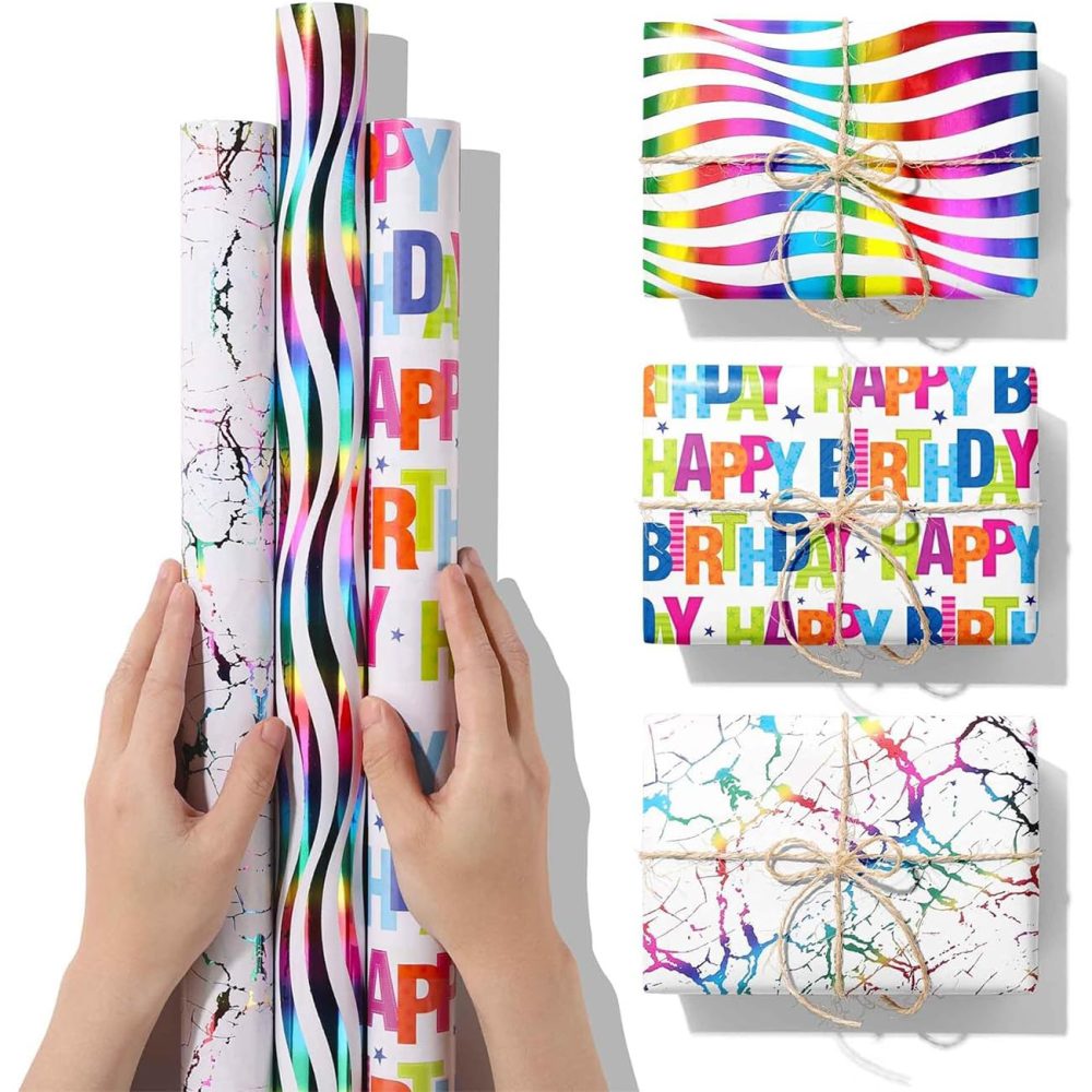 Ainmto Rainbow Shiny Birthday Wrapping Paper Roll - 3 Different Design(43cm x 3M Per Roll) - Perfect for Birthday Gift Wrapping, Craft