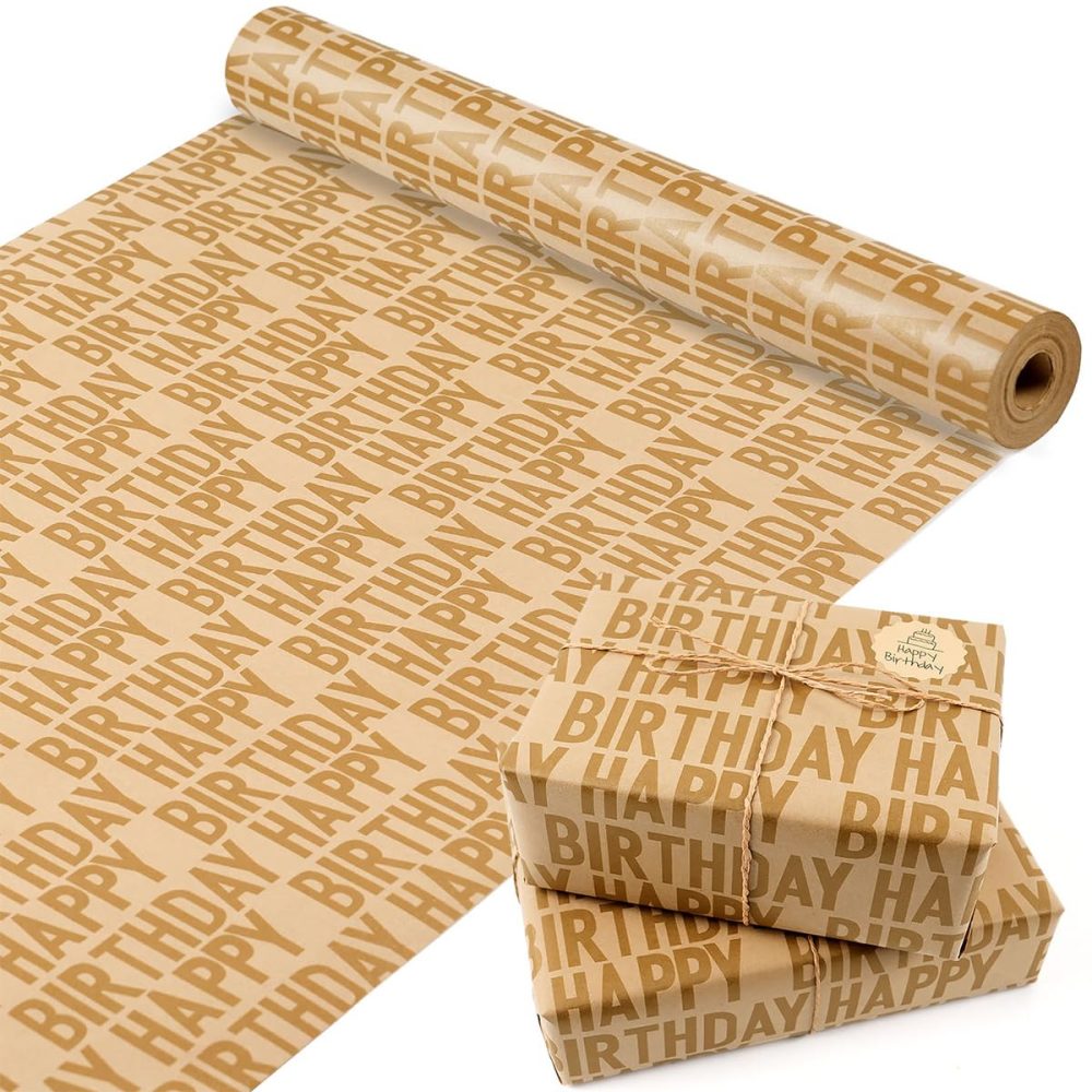 Birthday Wrapping Paper Roll, Gold Happy Birthday Kraft Wrapping Paper Set, Gift Wrapping Paper with Stickers and Paper Rope, Birthday Wrapping Paper for Boys Girls Men Women, 43CMx15M