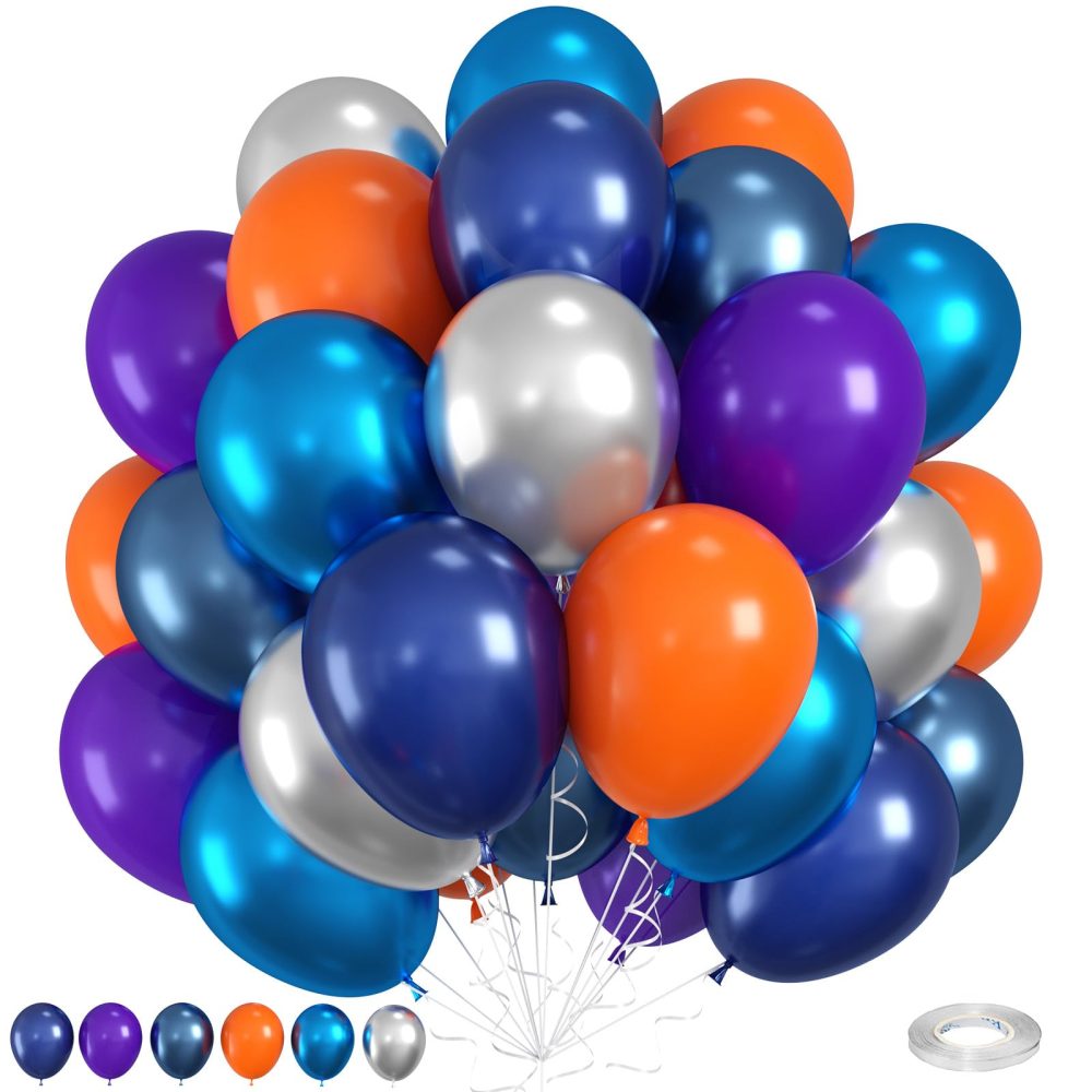 Space Balloons, Blue Orange Purple Balloons, 12 Inch Dark Blue Purple Orange Balloons, Metallic Silver and Blue Latex Balloons for Birthday Baby Shower Space Birthday Party Decorations