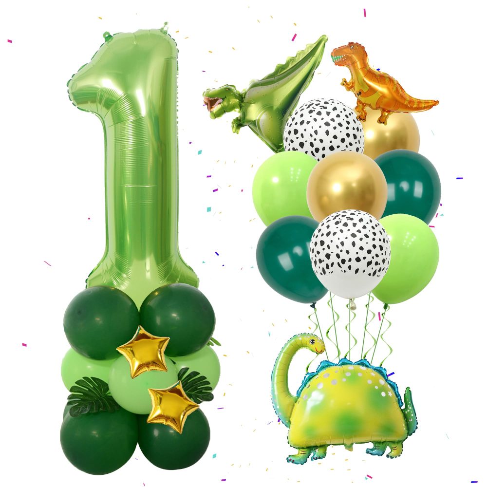 1st Birthday Decorations Dinosaur Balloons - 32 Pieces Dinosaur Birthday Party Decor Dinosaur Foil Balloon Number 1 Star Balloon Green Latex Balloon for Kids Boys Birthday Party Jungle Themed Party