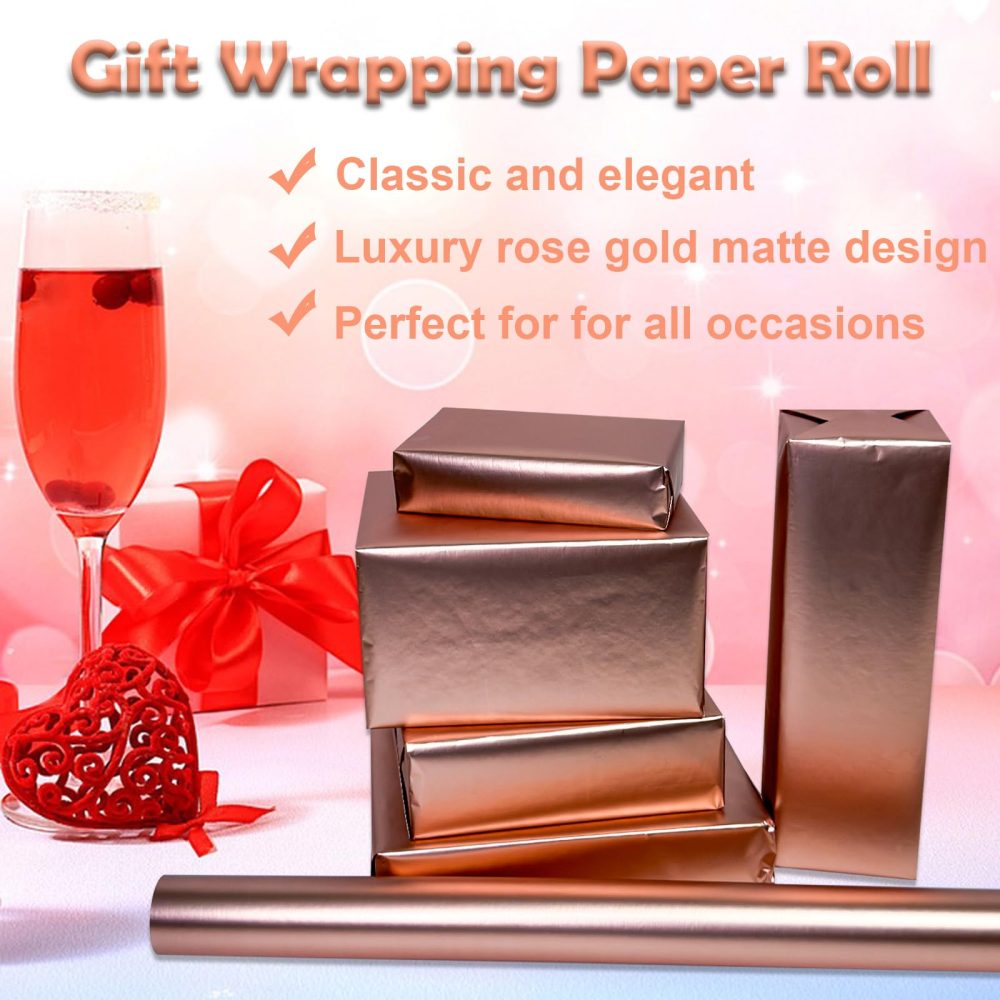 LYINUR Metallic Gift Wrapping Paper Rolls -43 cm x 10 m, Luxury Rose Gold Matte Wrapping Paper Roll, Pretty Gifts Wrap for Valentines, Wedding, Festival, Birthday, Party, Flower Craft, Rosegolden - Image 6
