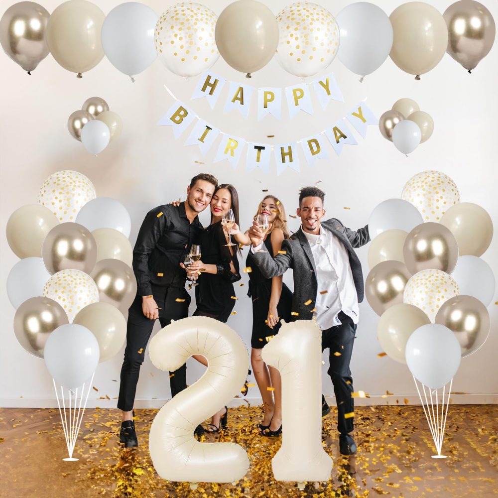21st Birthday Decorations for Girls Women Sand White Gold Balloons Arch Kit with Cream Number Foil Balloon Happy Birthday Banner Boho Beige White Metallic Champagne Gold Party Decor for 21 Years Old - Image 2