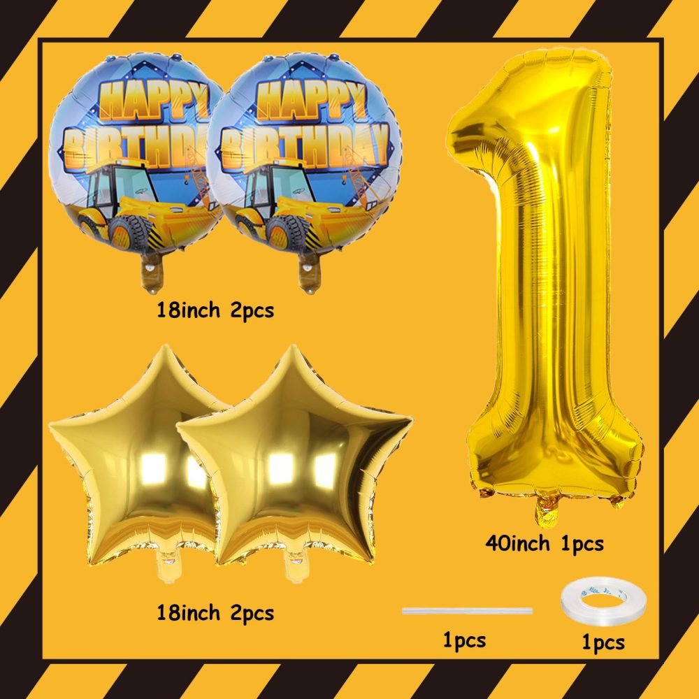 Teslite Construction Balloons 1 Year Old, 9Pcs Party Supplies with 40 Inch Gold Number Balloons, Large Digger Set, Happy Birthday Foil for Boys 1st Decorations - Image 6