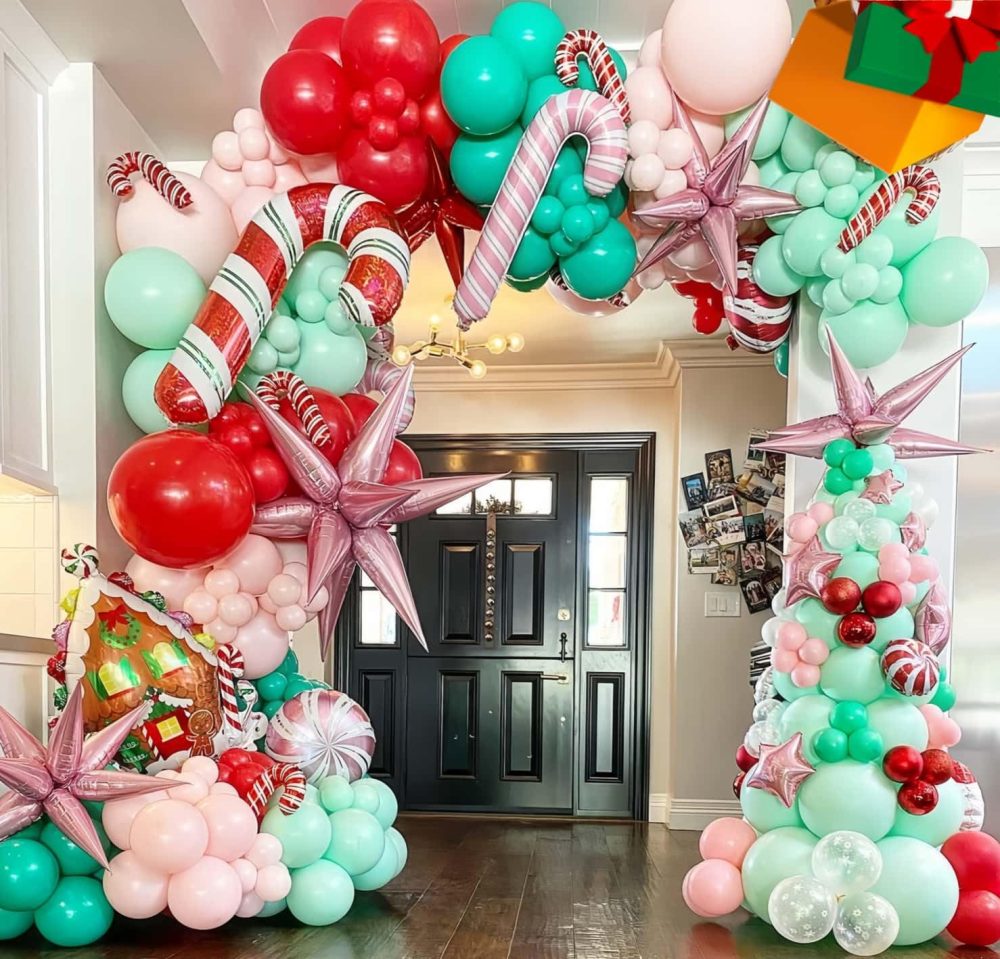 Christmas Balloon Arch Kit, 114 PCS Merry Christmas Decorations Pink Red Green Balloons with Pink Red Windmill Cane Foil Balloons, Baby Pink Mint Green Balloons for Xmas Merry Christmas Party Supplies - Image 5
