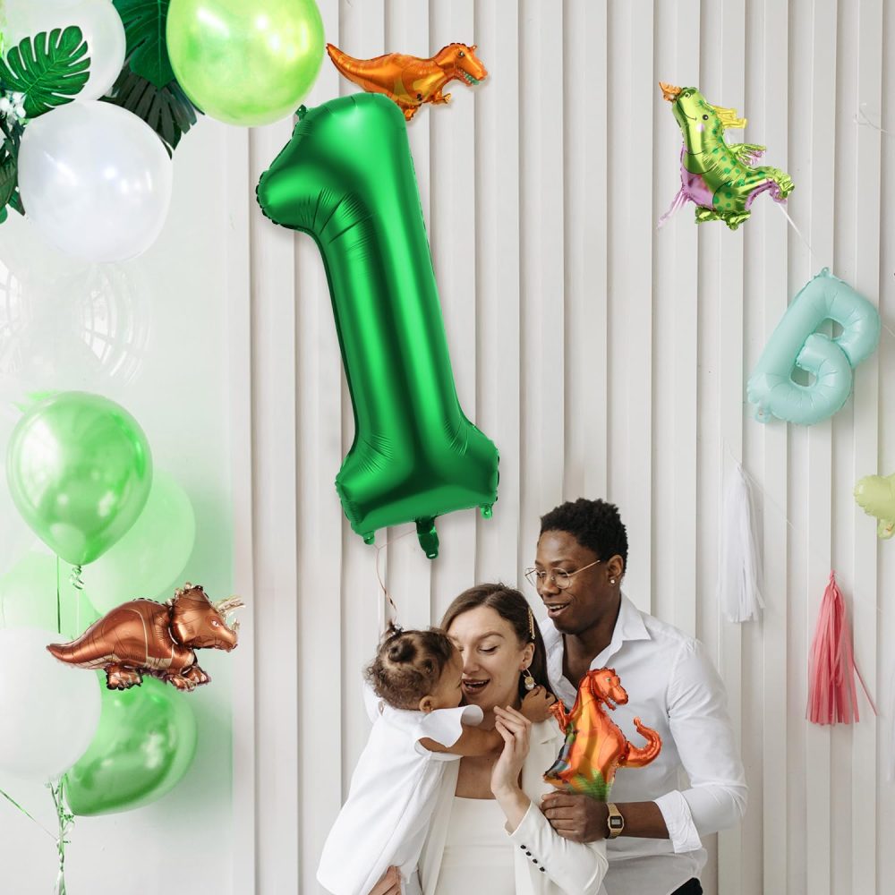 40 Inch Number Balloon with 4 Styles Cute Dinosaur Themed Balloons, Aluminum Foil Large Numeral Balloons Dark Green Dinosaur Party Decorations for Birthday Boys Girls Baby Shower (Number 1)… - Image 4