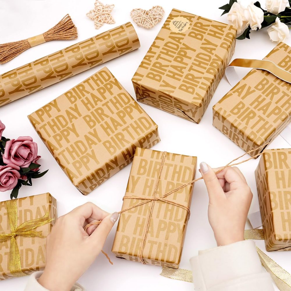 Birthday Wrapping Paper Roll, Gold Happy Birthday Kraft Wrapping Paper Set, Gift Wrapping Paper with Stickers and Paper Rope, Birthday Wrapping Paper for Boys Girls Men Women, 43CMx15M - Image 8