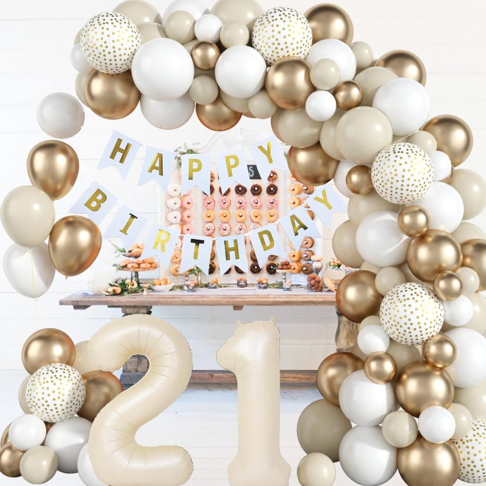 21st Birthday Decorations for Girls Women Sand White Gold Balloons Arch Kit with Cream Number Foil Balloon Happy Birthday Banner Boho Beige White Metallic Champagne Gold Party Decor for 21 Years Old - Image 7