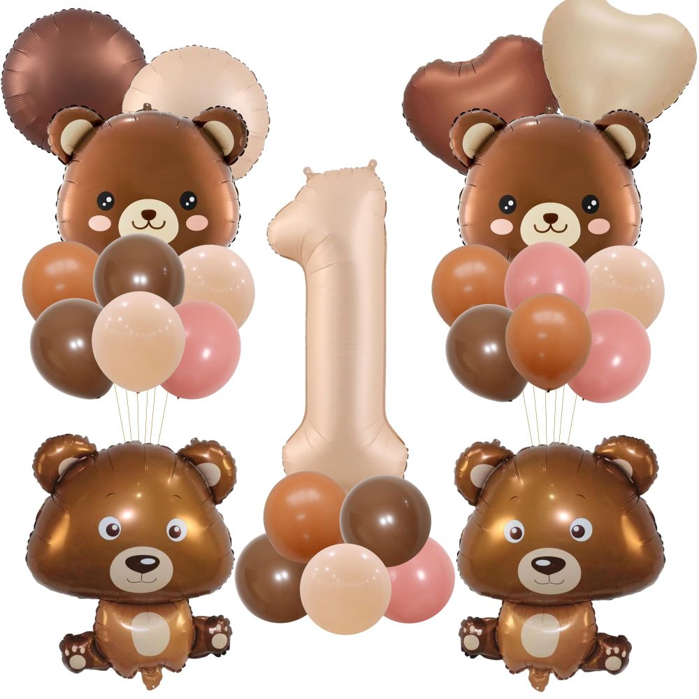 Brown Bear 1st Birthday Decorations - Bear Theme Party Decoration with Number 1 Foil Balloon, Brown Bear Balloon, Brown Bear Head, Latex Balloons, for Boys and Girls Baby Shower First Birthday