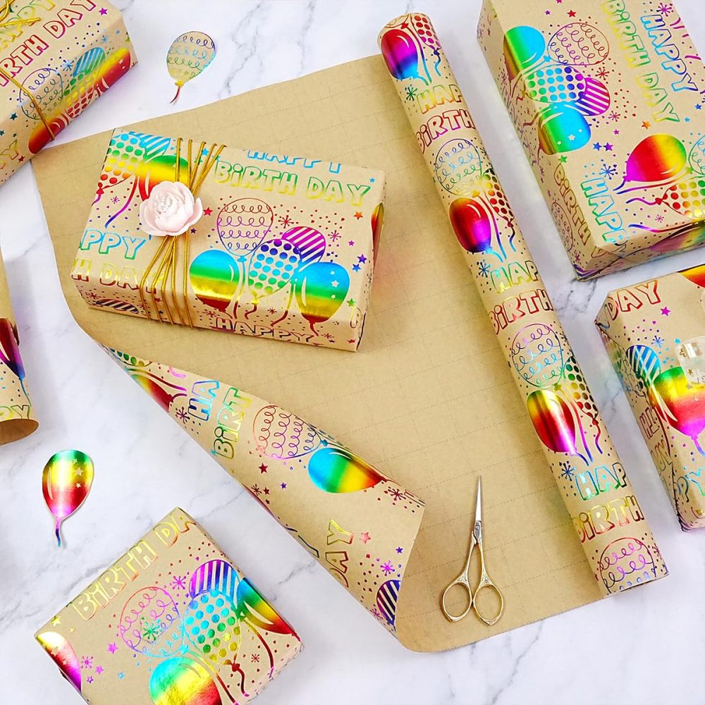 Birthday Wrapping Paper Roll 43cm x 10m, Colorful Metallic Foil Kraft Birthday Wrapping Paper, Happy Birthday Wrapping Paper Roll for Girls Women Boys Men, Gift Wrapping Paper for Birthday Baby Shower - Image 5