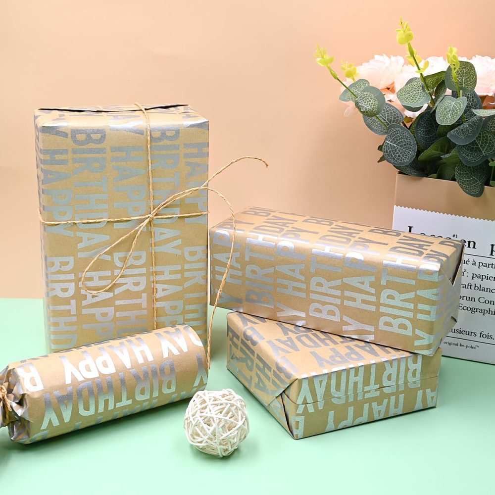 Silver Birthday Gift Wrapping Paper Roll,Topeedy 43cm*12m Happy Birthday Kraft Wrapping Paper Perfect for Packing Birthday Present for Families and Friends-silver - Image 3