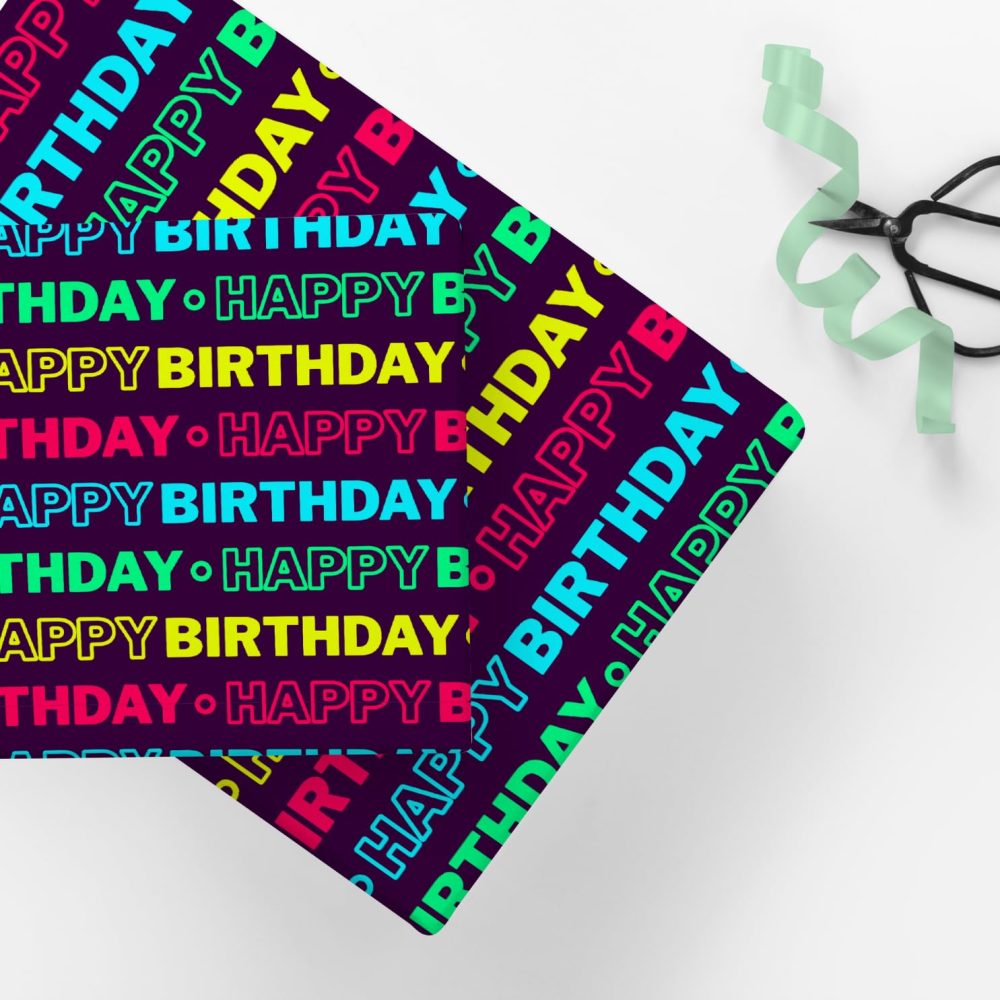 4 x Neon Birthday Wrapping Paper - HUGE 84cm x 60cm Eco Friendly Premium Recyclable Gift Wrap for Men, Women, Boys or Girls (4 Sheets & 4 Tags) - Image 7