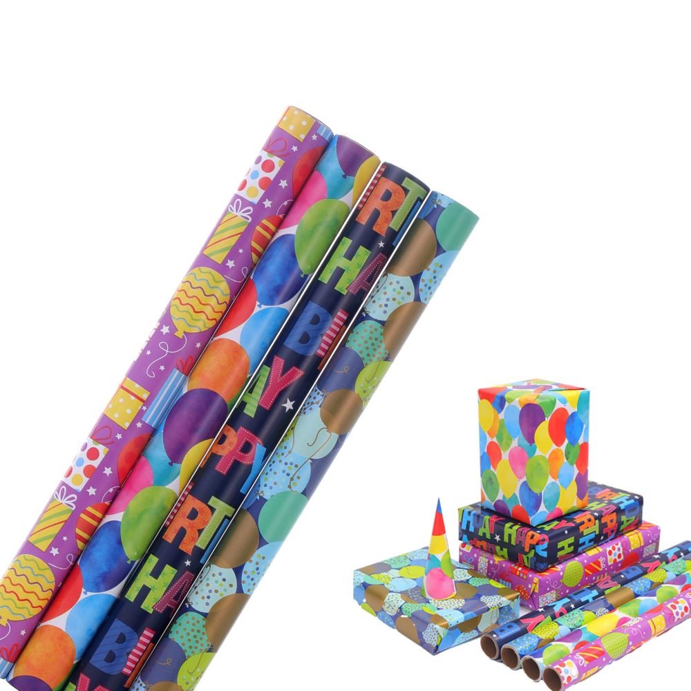 HBell Birthday Wrapping Paper Rolls,4 Rolls Happy Birthday Wrapping Paper,Colourful Gift Wrapping Paper 43cm x 3M,Suitable for Birthday,Baby Shower,Party,Festive Decorations