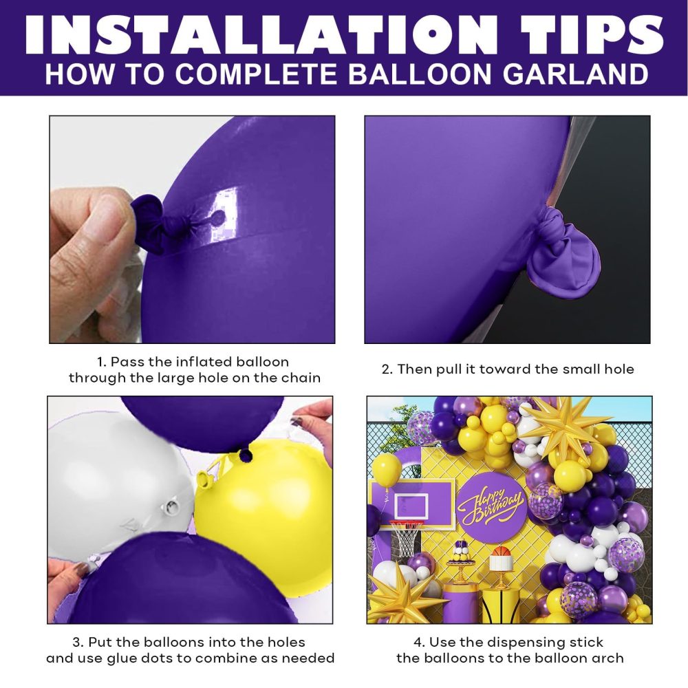 Purple and Yellow Balloon Arch Kit, 108 Pcs Yellow and Purple Arch Kit with Dark Metallic Purple Confetti Latex Balloons Star Foil for Boys Sport Theme Basketball Birthday Graduation Party Decorations - Image 8