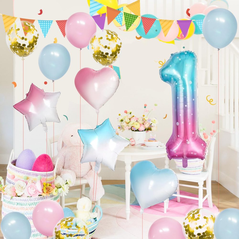 Jiusely Baby 1st Birthday Decorations for Girls 1st birthday balloons with Gradient Color Age 1 Happy Birthday Balloons for Girls Boys Number 1 balloons Love Balloons for Baby Shower Birthday Party - Image 2