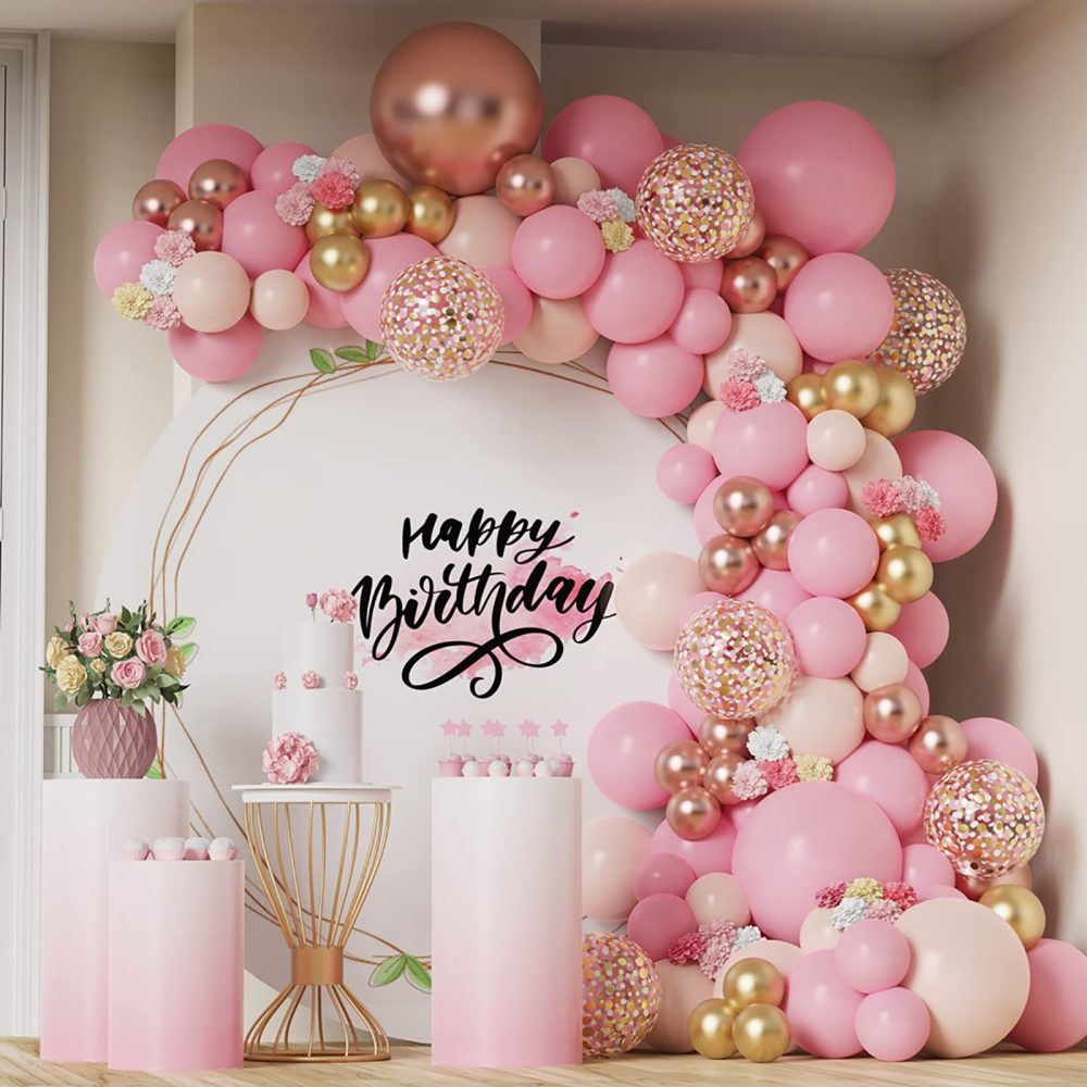 Aapxi Pink Balloon Arch Kit - 128pcs Pink Balloons Party Decorations For women - Wedding Balloons Rosegold pink cream confetti- Birthday Decorations pink