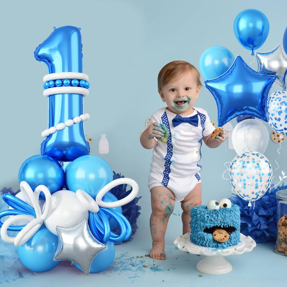 Number 1 Balloons Set, 40 Inch Blue 1 balloon with Star Foil Balloons Long Balloons Blue White Silver Balloons DIY One Balloon Stand for Boys 1st Birthday Party Baby Shower Decorations - Image 4