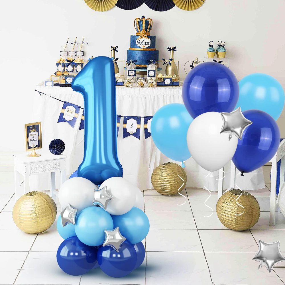 40 Inch Blue Number 1 Birthday Balloons, 1st Foil Mylar Big Number Birthday Helium Balloons with Star Mylar Latex Balloons for Boys Girls 1st Party Balloons Anniversary Decorations - Image 2