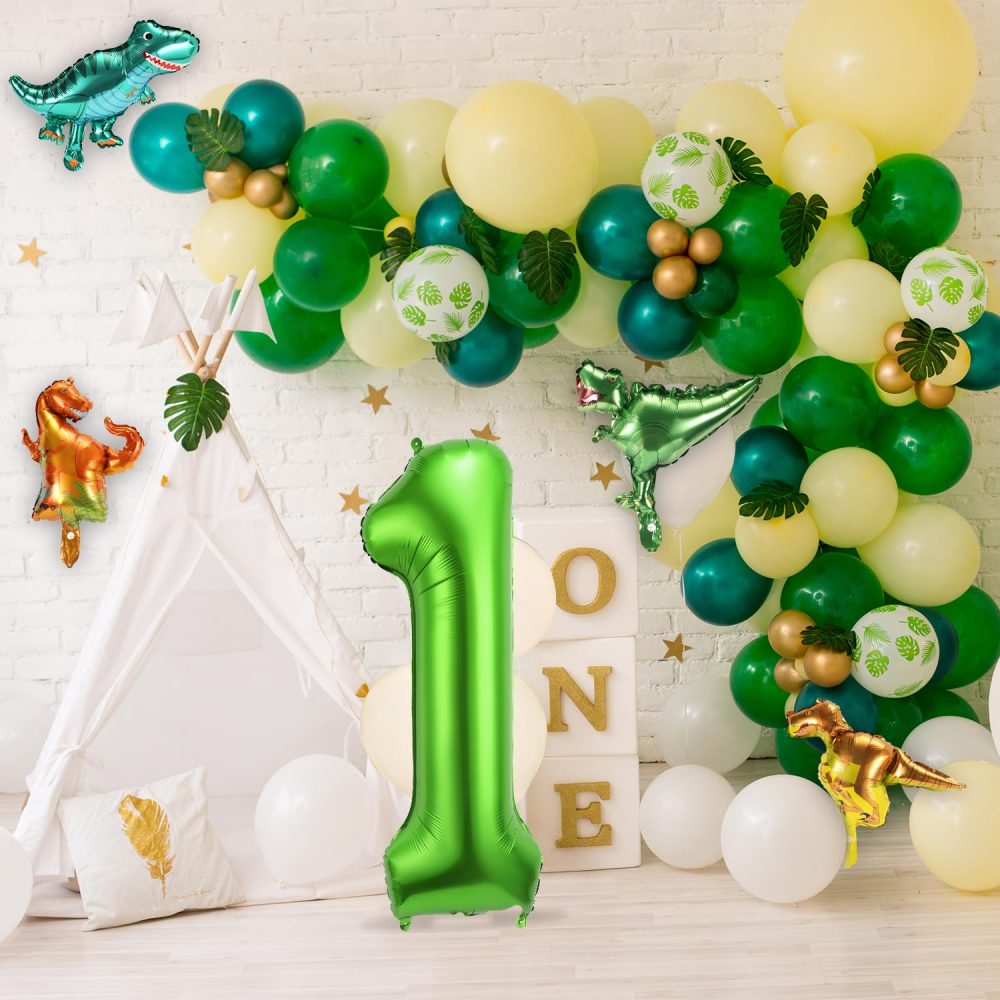 40 Inch Number Balloon with 4 Cute Dinosaur Balloons, Aluminum Foil Large Numeral Balloons Green Dino Balloons Set for Boys Girls Jungle Themed Birthday Party Decoration Supplies (Number 1) - Image 3