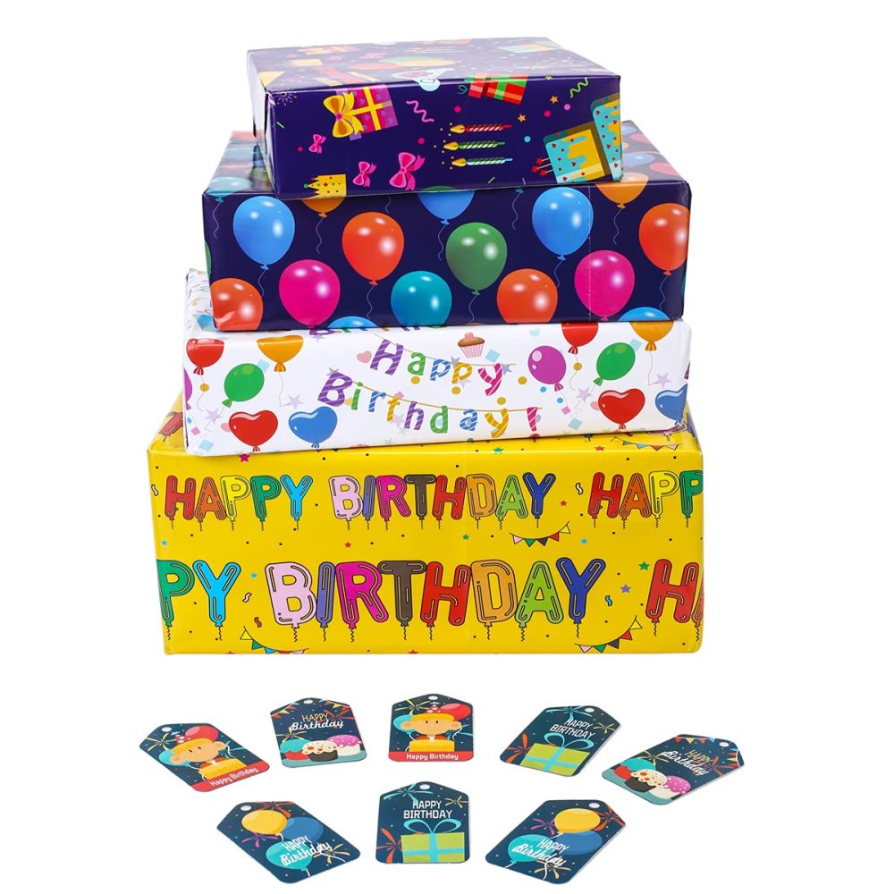 Birthday Gift Wrapping Paper, 8 Pack 70x50cm Folded Sheets with Free Birthday Card for Men, Women, Kids Presents Wrap