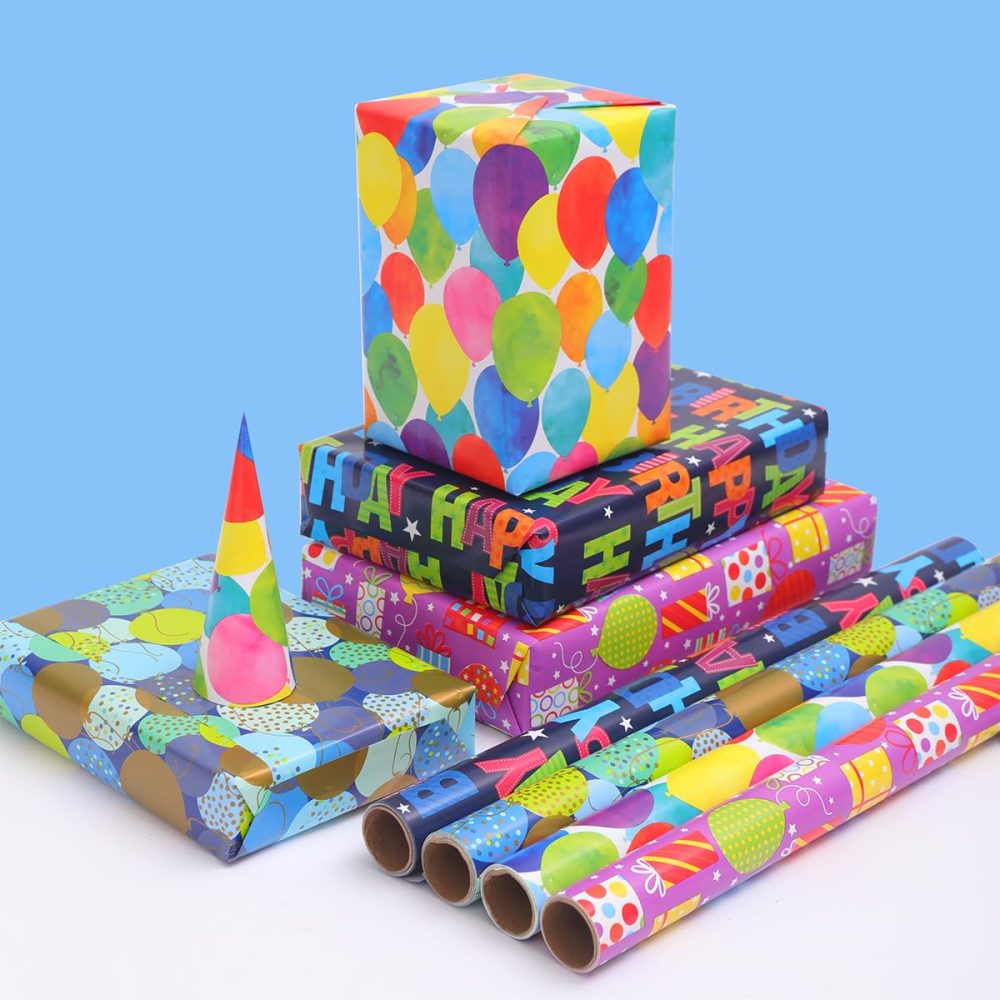 HBell Birthday Wrapping Paper Rolls,4 Rolls Happy Birthday Wrapping Paper,Colourful Gift Wrapping Paper 43cm x 3M,Suitable for Birthday,Baby Shower,Party,Festive Decorations - Image 5
