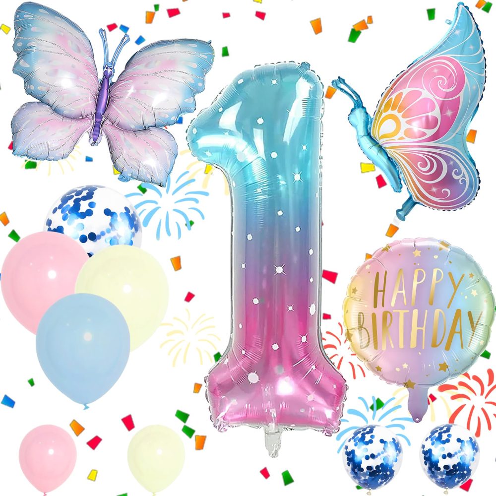 Number 1 Foil Balloons Set, Blue Pink 1st Birthday Party Balloon, Girls Butterfly Balloons, Decorations Supplies for Baby Shower Decorations School Party Celebration (Number 1)