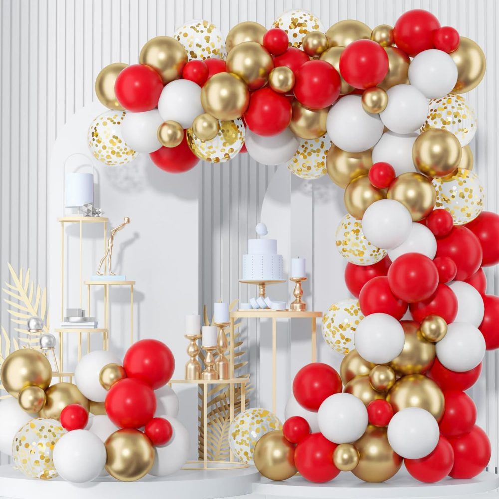 Red Balloon Arch Kit, 120pcs Red White Gold Balloon Garland, Red White Metallic Gold Confetti Latex Balloons for Birthday Wedding Valentine's Day Christmas Engagement Party Decorations