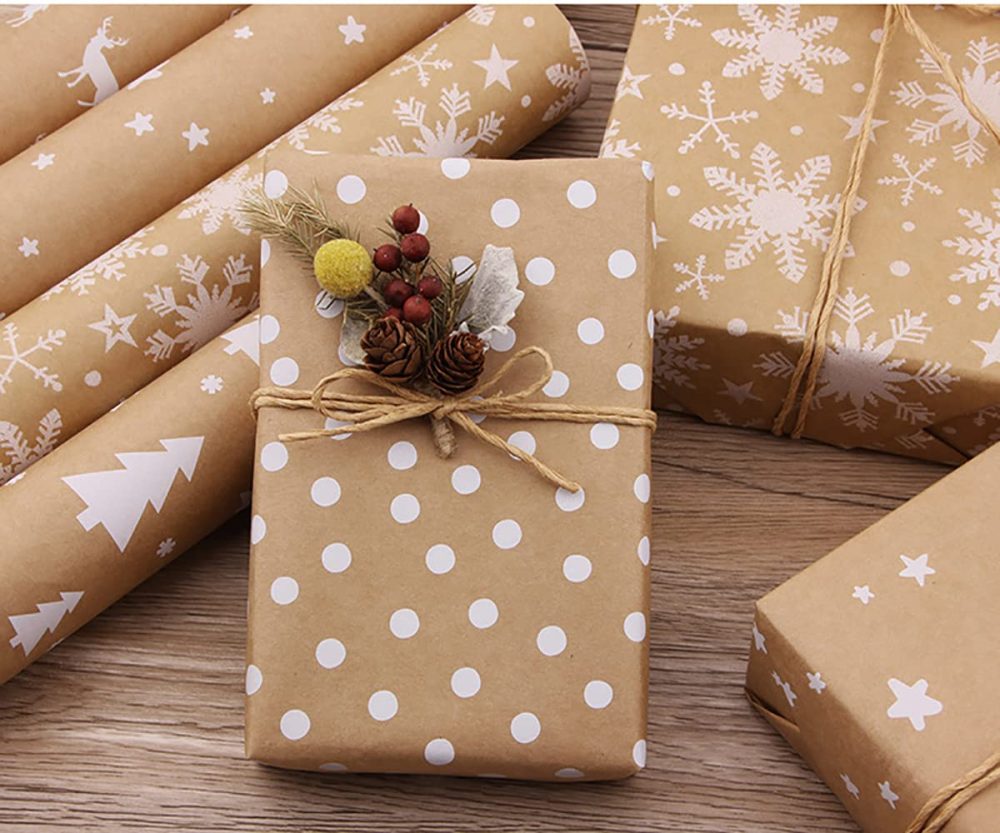 OTMVicor Roll Package Birthday Wrapping Paper, 43cm x 15M Kraft Paper Printed with White Dots Recyclable Gift Wrapping Paper - Image 5