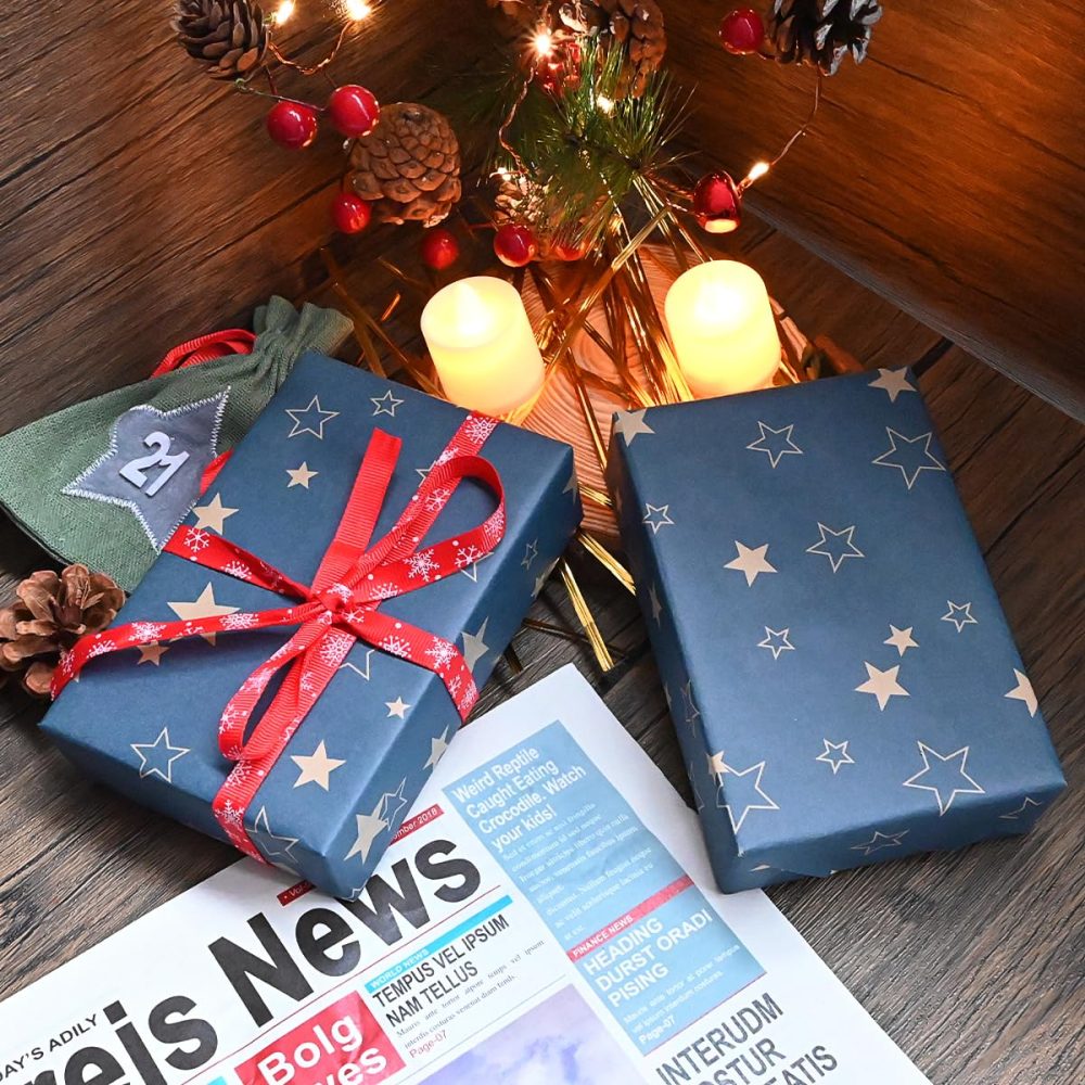 43cm*15m Blue Kraft Wrapping Paper Roll,Topeedy Star Recycle Gift Wrapping Paper for Xmas Birthday Halloween Graduation Festival -Star - Image 5