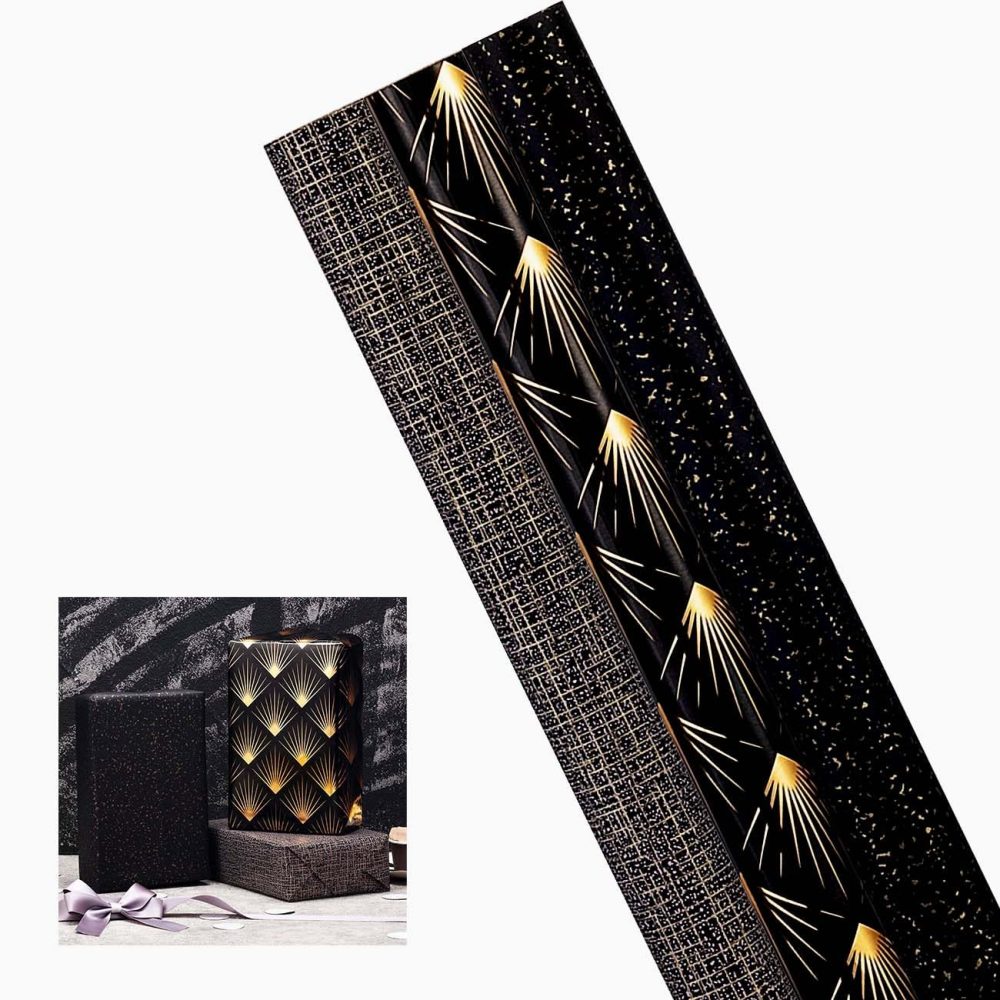 3 Roll Black Wrapping Paper(43cm x 3m),Black and Gold Gift Wrapping Paper for Wedding,Birthday