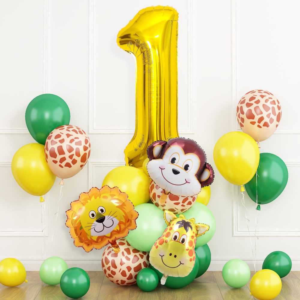 Safari Jungle Balloons for 1st Birthday Boys Girls, Jungle Theme First Birthday Decoration with Gold Number Balloon 1, Animal Print Balloons for Wild One Tropical Theme Party Supplies Baby Shower