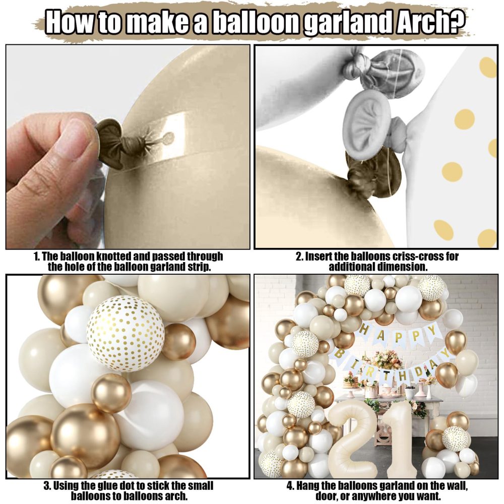 21st Birthday Decorations for Girls Women Sand White Gold Balloons Arch Kit with Cream Number Foil Balloon Happy Birthday Banner Boho Beige White Metallic Champagne Gold Party Decor for 21 Years Old - Image 4