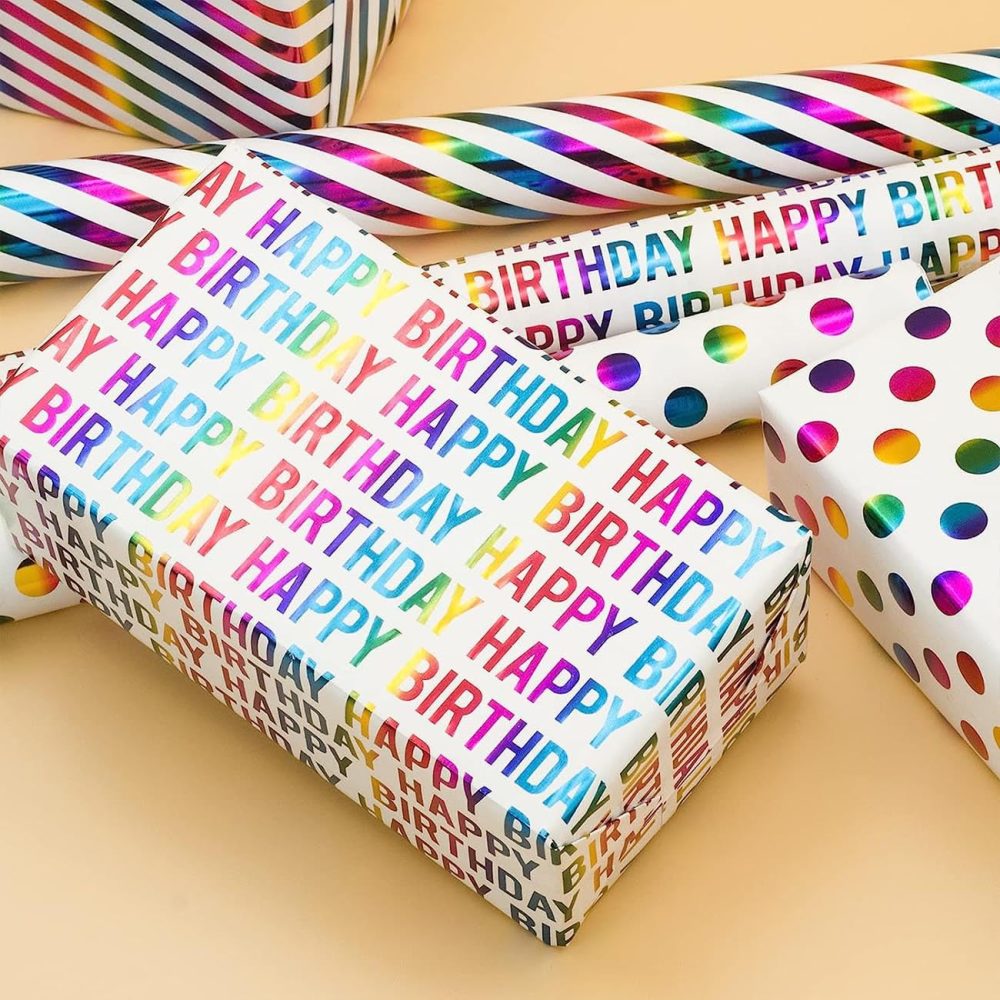 3 Roll Colourful Wrapping Paper(43cm x 3m),Rainbow Birthday Gift Wrapping Paper for Christmas,Birthday - Image 4