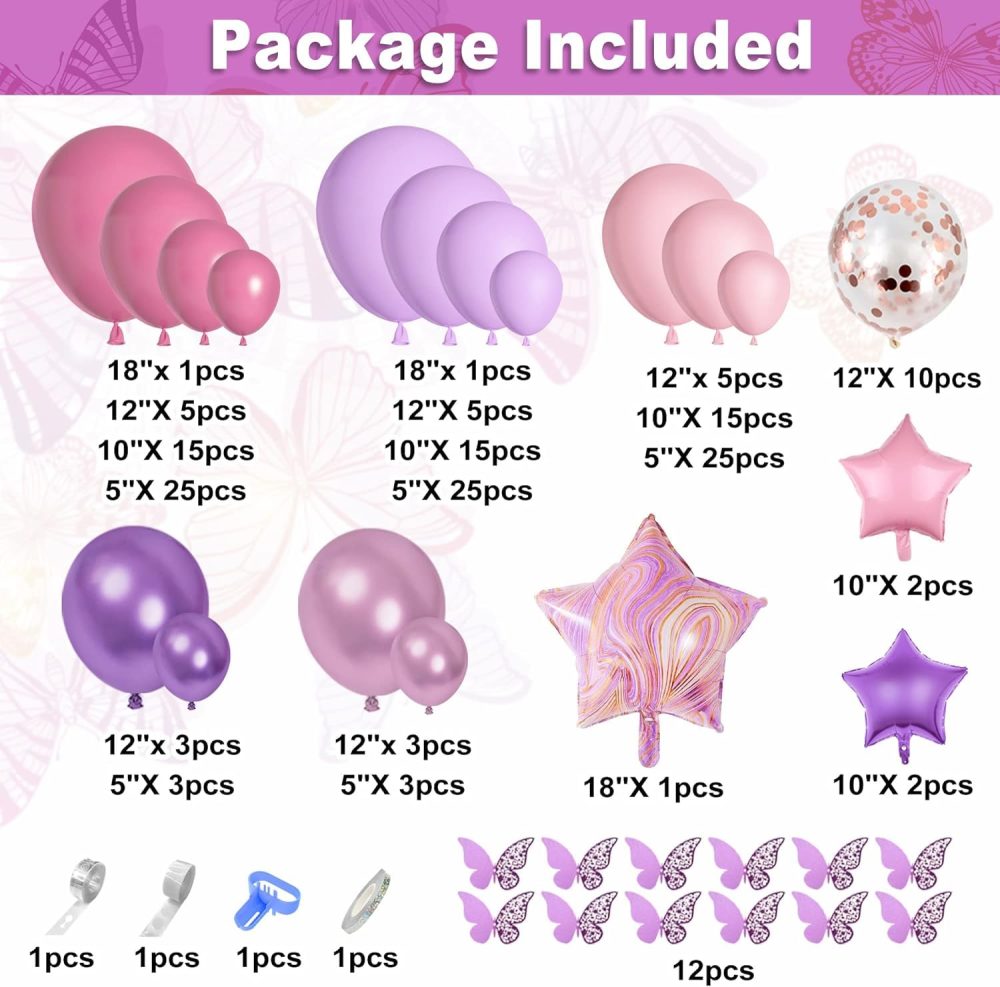 180Pcs Pink Purple Balloon Arch Kit 12 Hollow Butterfly Sticker Bitrthday Purple Pink Party Decoration for Girls Woman Star Foil Balloon Butterfly Decoration for Baby Shower Weeding Party Decor - Image 7