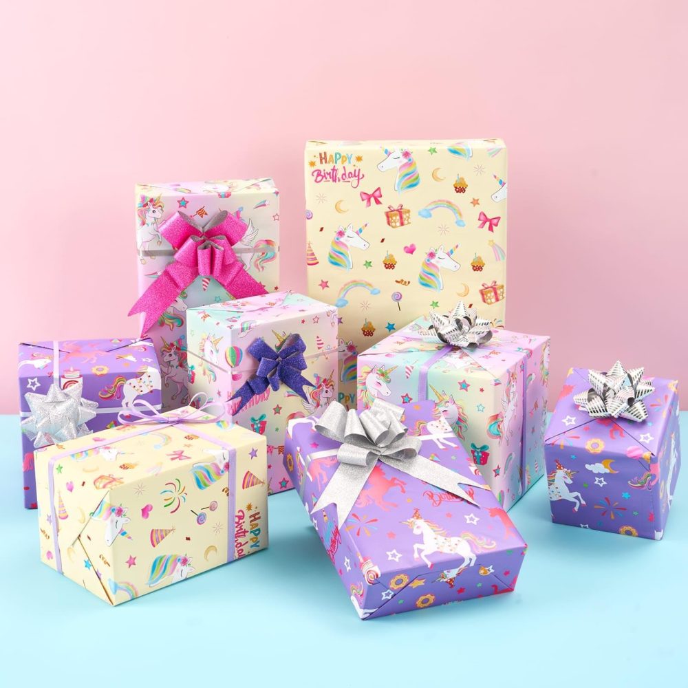WERNNSAI Unicorn Wrapping Paper Rolls - 3 Rolls 43 x 305cm Unicorn Birthday Wrapping Paper Rolls Pink Unicorn Rainbow Gift Wrap Paper Girls Wrapping Paper Rolls Kids Bday Gift Wrap with Cutting Line - Image 6