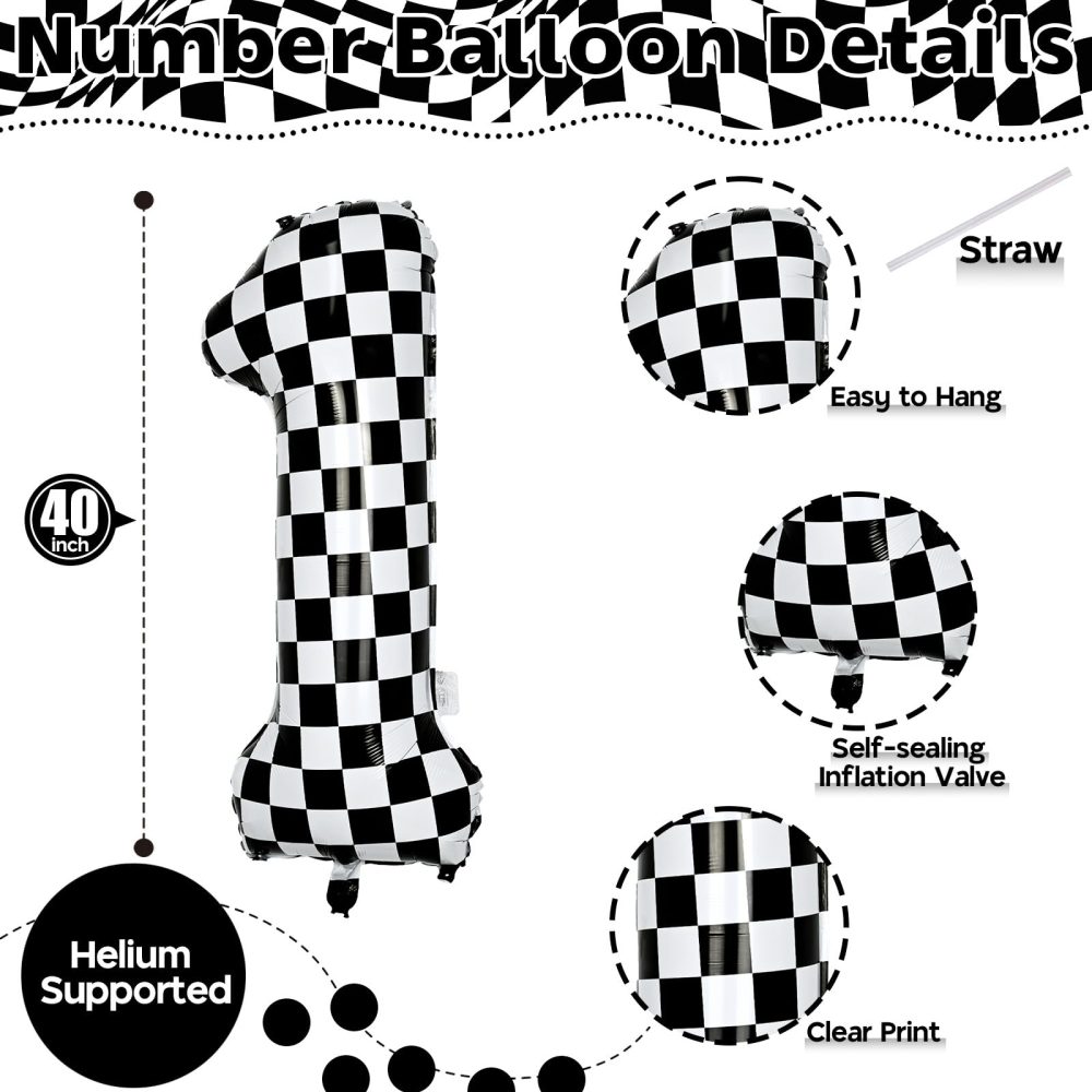 Checkered Number Balloon 1, Large Self Inflating Black and White Number 1 Balloon Decor, 40 Inch Helium Foil 1 Racing Balloons for Girls Boys 1st Birthday Fast Race Car Flag Party Decorations Supplies - Image 7