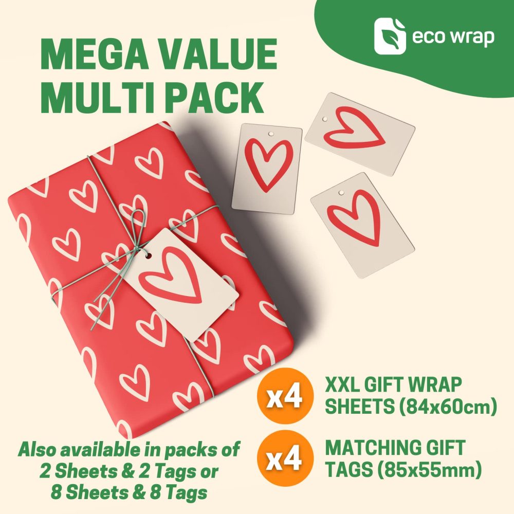 4 x Love Heart Wrapping Paper - HUGE 84cm x 60cm Eco Friendly Premium Recyclable Gift Wrap for Wedding, Anniversary, Birthday or Valentines Day (4 Sheets & 4 Tags) - Image 6