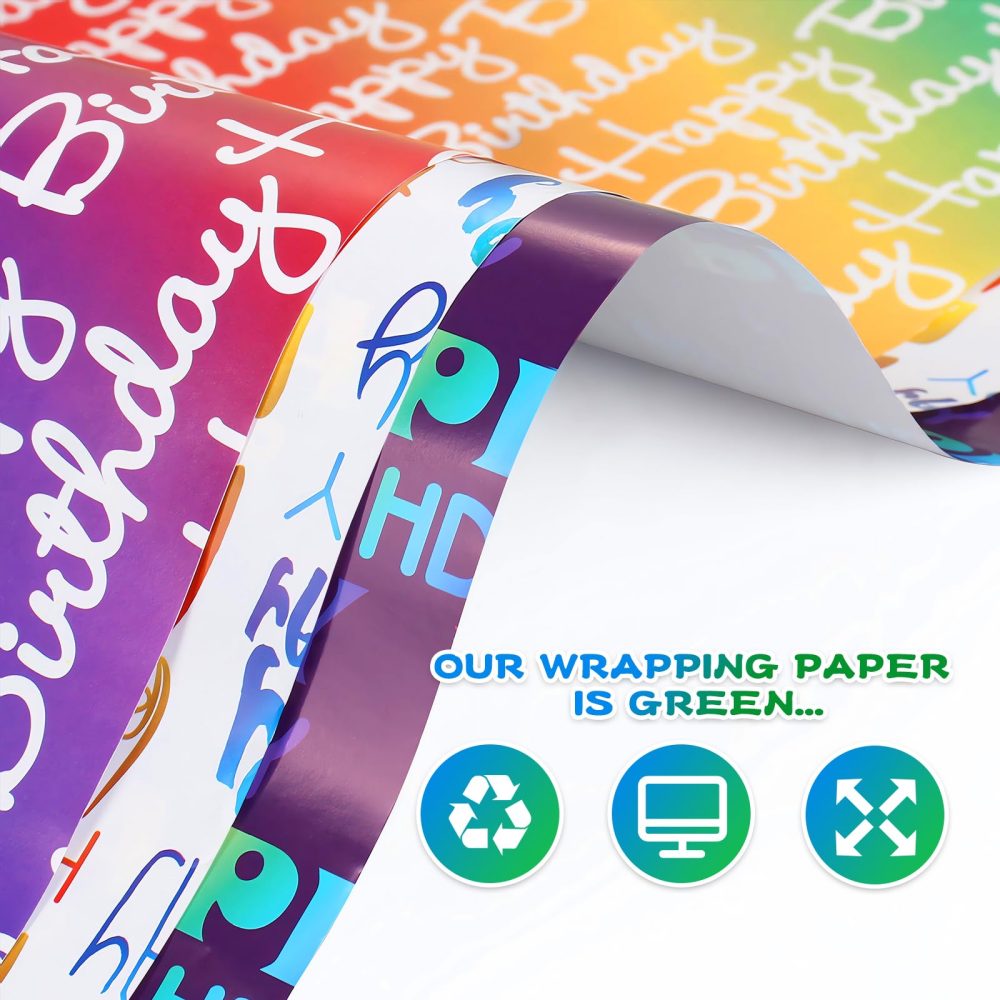 Wrapping Paper Birthday with Gradient Multi Color Happy Birthday Text Design,Birthday Wrapping Paper,6 Gift Wrapping Paper Sheet+Tags+Ribbon,Birthday Gift Wrap Birthday Paper for Boy Men Girl Women - Image 6