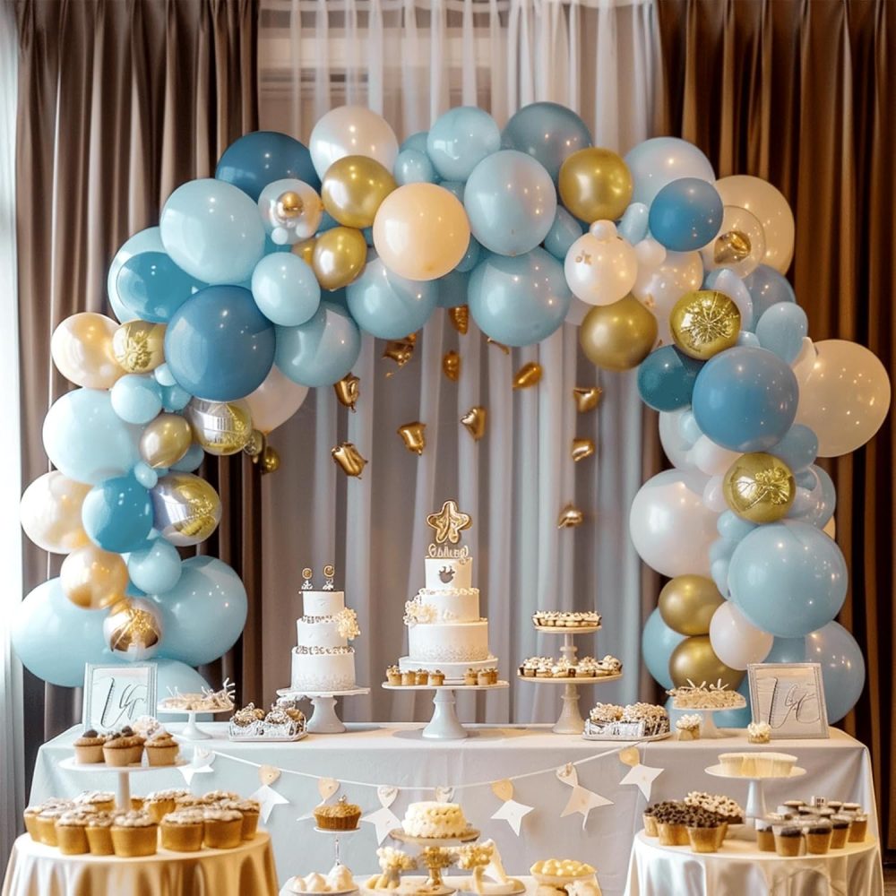 Dusty Blue Balloon Arch Kit, 138pcs Fog Blue Beige White Gold Balloons Garland, Baby Pastel Blue Sand White Latex Balloons for Baby Shower Birthday Wedding Graduation Party Decorations - Image 4