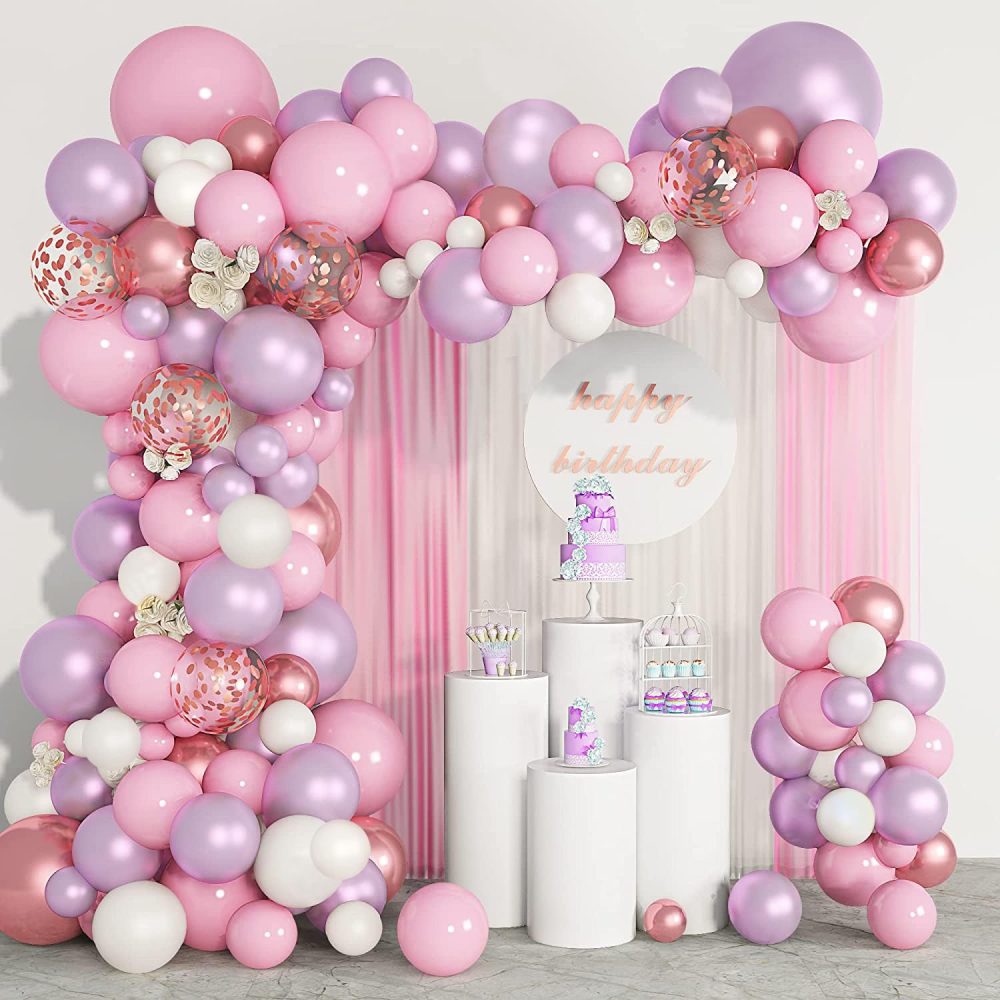 Pink Purple Balloon Arch Kit, 130pcs Pastel Pink Balloons Garland Kit With Metallic Rose Gold Balloon, Party Balloons for Birthday Wedding Valentine's Day Princess Baby Shower Party Decoration