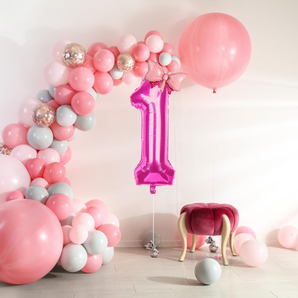 Number Birthday Balloons, Pink Number Balloon Number Balloons For Birthday Party Bow Tie Helium Foil Balloons for Birthday Party Wedding Anniversary Events Supplies (Number 1) - Image 5