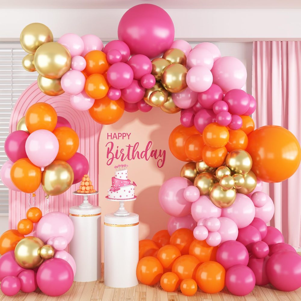 Pink and Orange Balloons Arch Kit, 122 Pcs Hot Pink Orange with Metallic Gold Latex Balloon Garland, Pastel Pink Orange Gold Balloon for Birthday Summer Tropical Wedding Groovy Theme Party Decorations