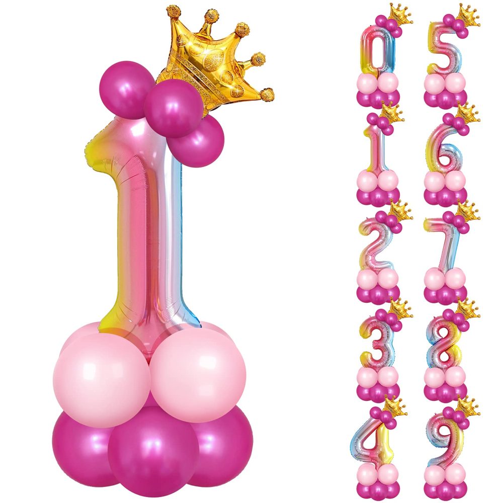 Unisun 32 inch Number Foil Balloons Set, Rainbow Gradient Helium Number 1 Balloon Tower with Crown and 13Pcs Latex Balloons for Princess Prince Birthday Party Anniversary Decorations