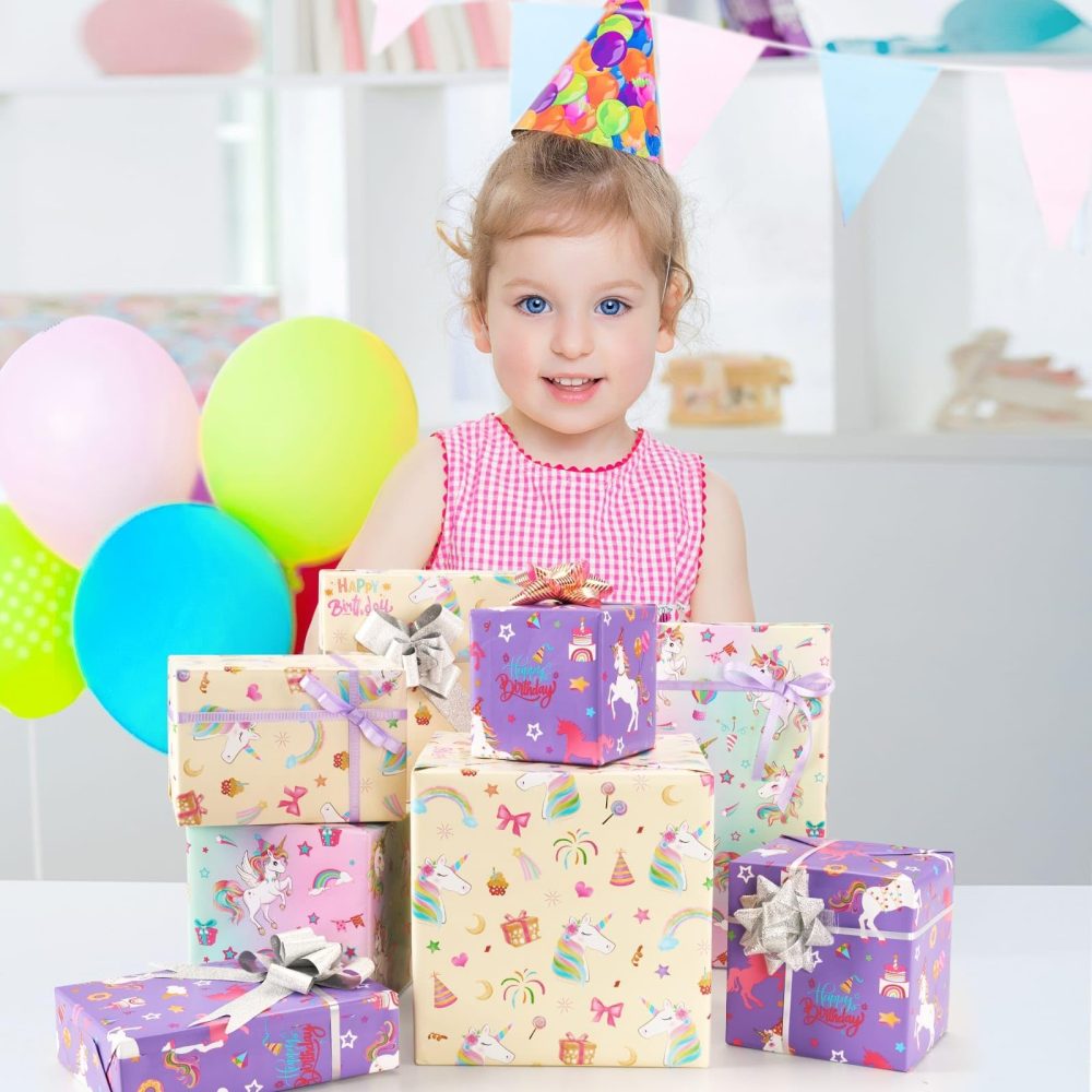 WERNNSAI Unicorn Wrapping Paper Rolls - 3 Rolls 43 x 305cm Unicorn Birthday Wrapping Paper Rolls Pink Unicorn Rainbow Gift Wrap Paper Girls Wrapping Paper Rolls Kids Bday Gift Wrap with Cutting Line - Image 3