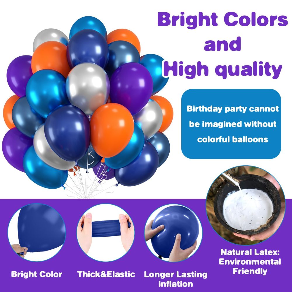 Space Balloons, Blue Orange Purple Balloons, 12 Inch Dark Blue Purple Orange Balloons, Metallic Silver and Blue Latex Balloons for Birthday Baby Shower Space Birthday Party Decorations - Image 2