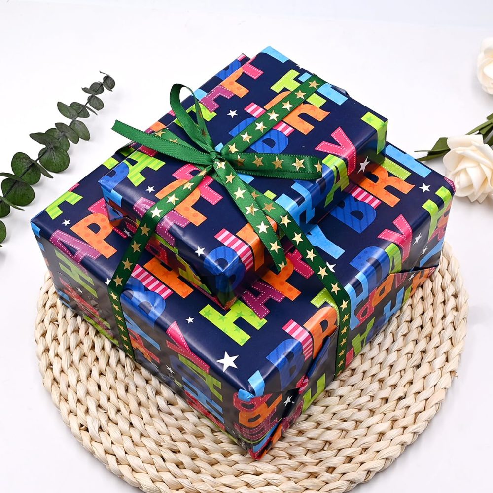 ADQUATOR 10m×43cm Roll of Black Happy Birthday Colorful 80g Wrapping Paper, 100% Recyclable ECO Gift for Birthday Present Party Decorations - Image 4