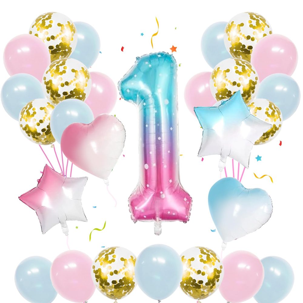 Jiusely Baby 1st Birthday Decorations for Girls 1st birthday balloons with Gradient Color Age 1 Happy Birthday Balloons for Girls Boys Number 1 balloons Love Balloons for Baby Shower Birthday Party