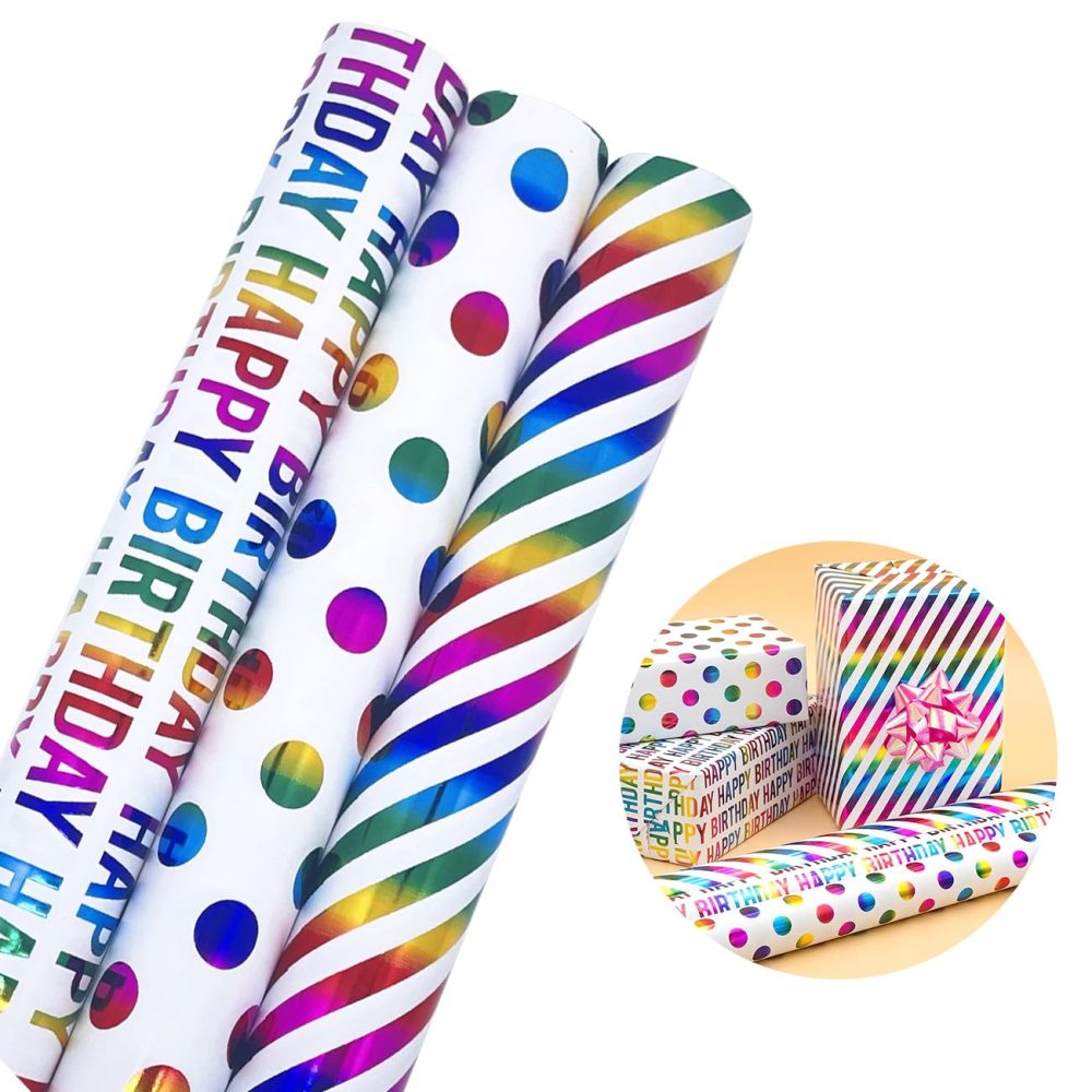 3 Roll Colourful Wrapping Paper(43cm x 3m),Rainbow Birthday Gift Wrapping Paper for Christmas,Birthday